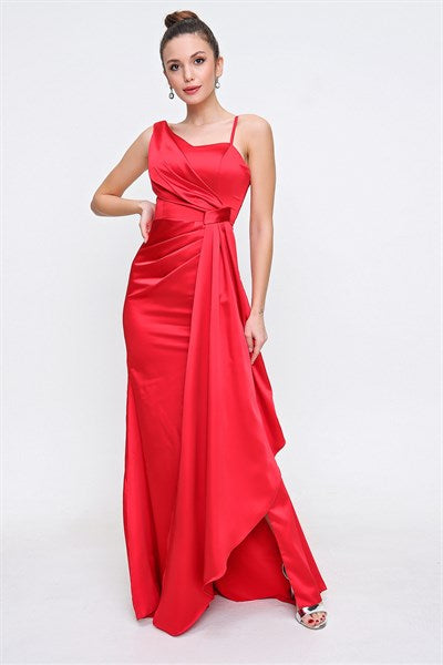 Women's Ruffle Red Satin Evening Dress