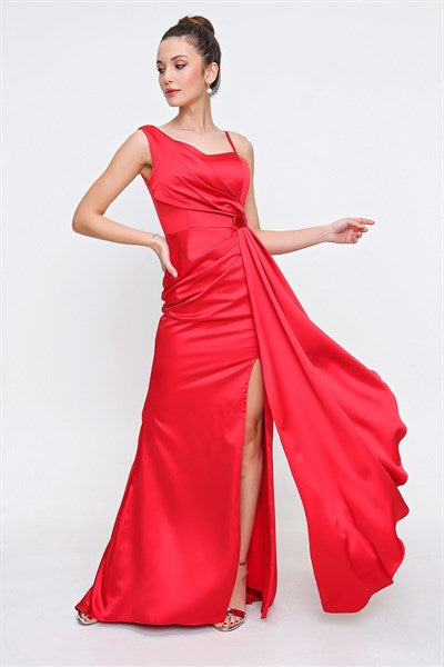 Women's Ruffle Red Satin Evening Dress