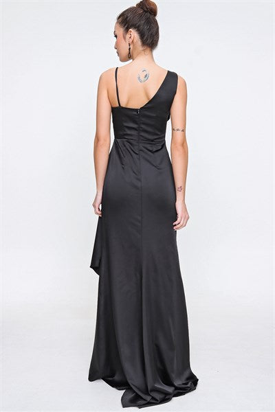 Women's Ruffle Black Satin Evening Dress