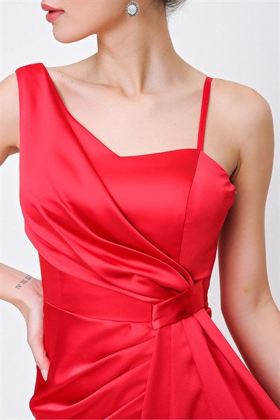 Women's Ruffle Red Satin Evening Dress