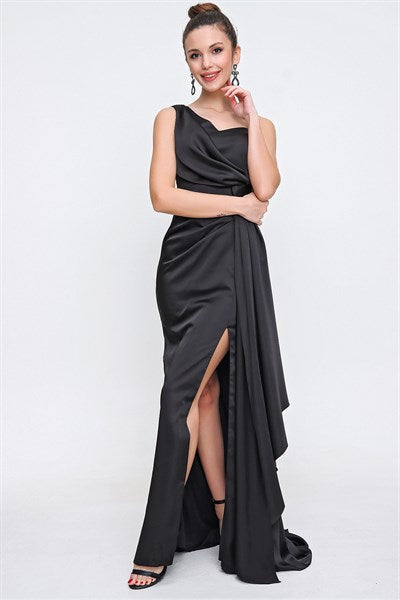 Women's Ruffle Black Satin Evening Dress