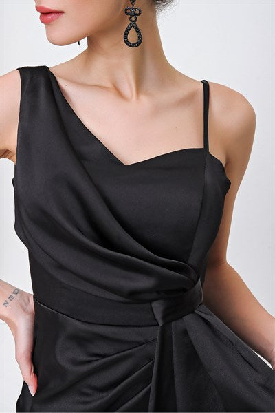 Women's Ruffle Black Satin Evening Dress