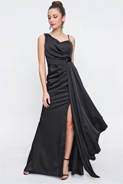 Women's Ruffle Black Satin Evening Dress