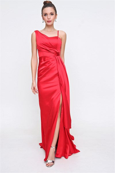 Women's Ruffle Red Satin Evening Dress