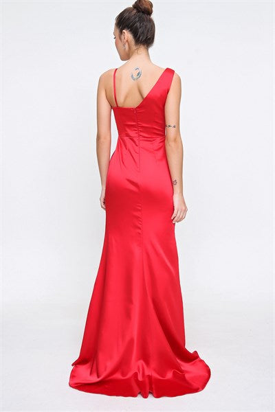 Women's Ruffle Red Satin Evening Dress