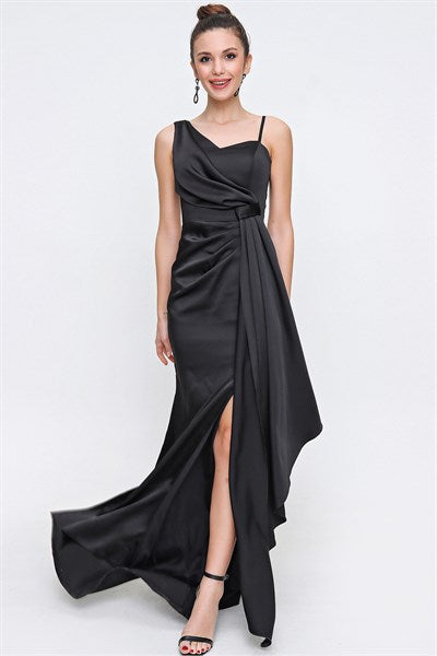 Women's Ruffle Black Satin Evening Dress