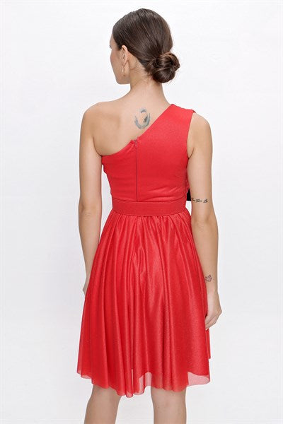 Women's One Strap Glitter Red Evening Dress