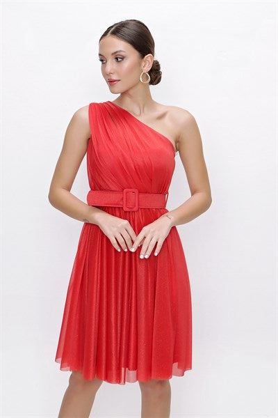 Women's One Strap Glitter Red Evening Dress