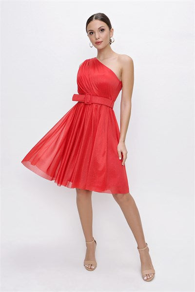 Women's One Strap Glitter Red Evening Dress