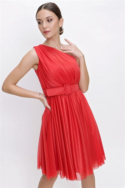 Women's One Strap Glitter Red Evening Dress