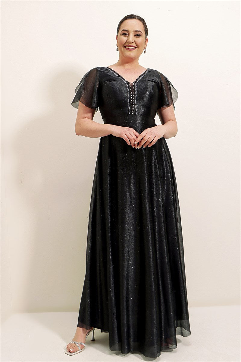 Women's Oversize Glitter Black Evening Dress