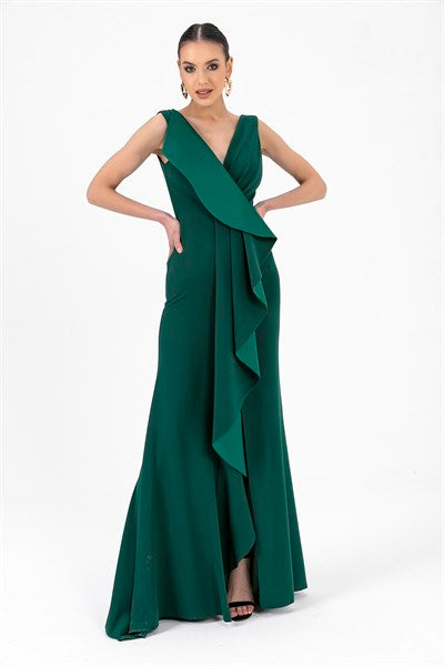 Women's Ruffle Green Crepe Evening Dress