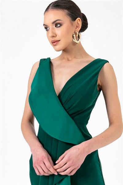 Women's Ruffle Green Crepe Evening Dress