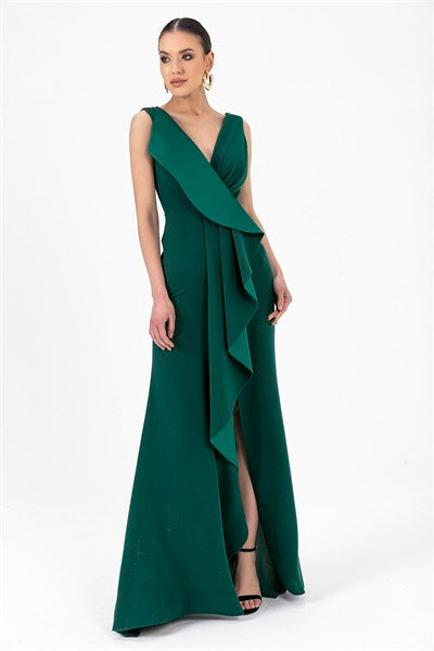 Women's Ruffle Green Crepe Evening Dress