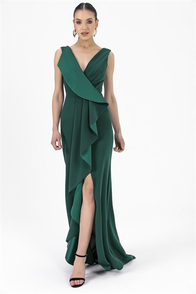 Women's Ruffle Green Crepe Evening Dress