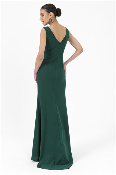 Women's Ruffle Green Crepe Evening Dress