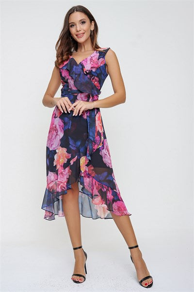 Women's Wrap Collar Ruffle Navy Blue Chiffon Dress