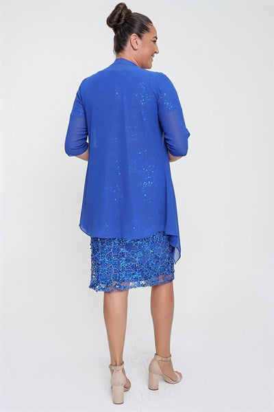 Women's Oversize Sequin Saxe Dress & Chiffon Jacket Set