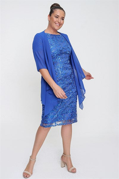 Women's Oversize Sequin Saxe Dress & Chiffon Jacket Set