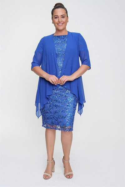 Women's Oversize Sequin Saxe Dress & Chiffon Jacket Set