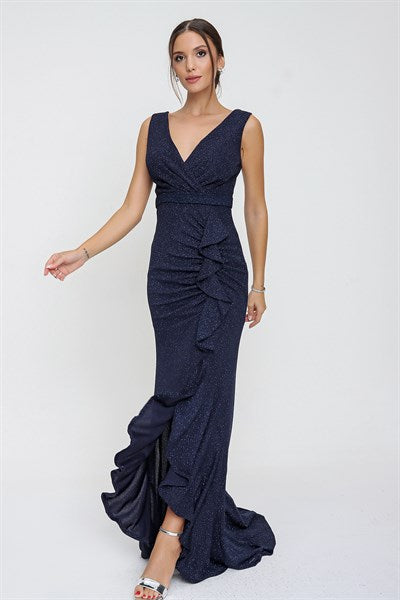 Women's Wrap Collar Ruffle Navy Blue Dress