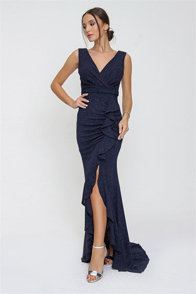 Women's Wrap Collar Ruffle Navy Blue Dress