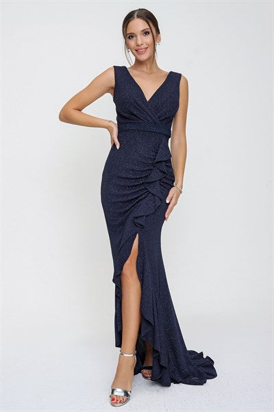 Women's Wrap Collar Ruffle Navy Blue Dress