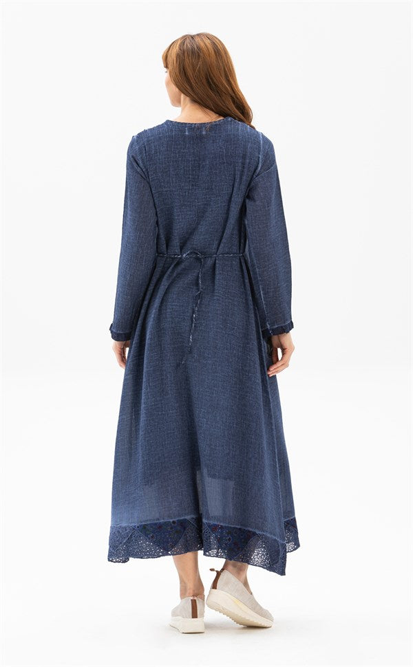 Women's Long Sleeves Indigo Midi Dress