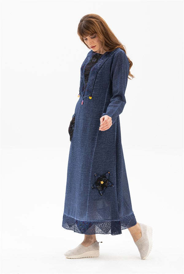 Women's Long Sleeves Indigo Midi Dress