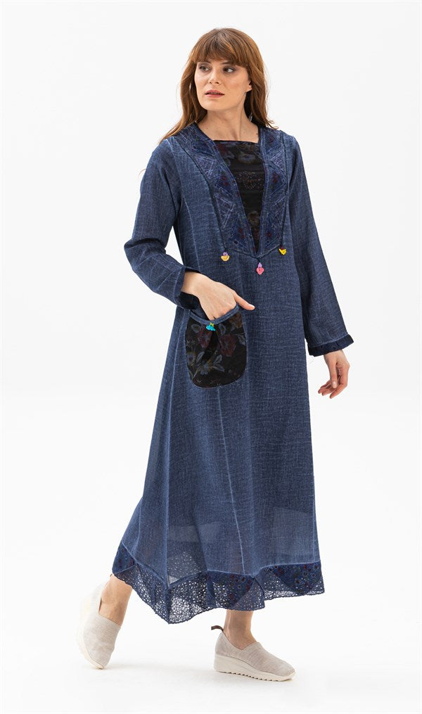 Women's Long Sleeves Indigo Midi Dress