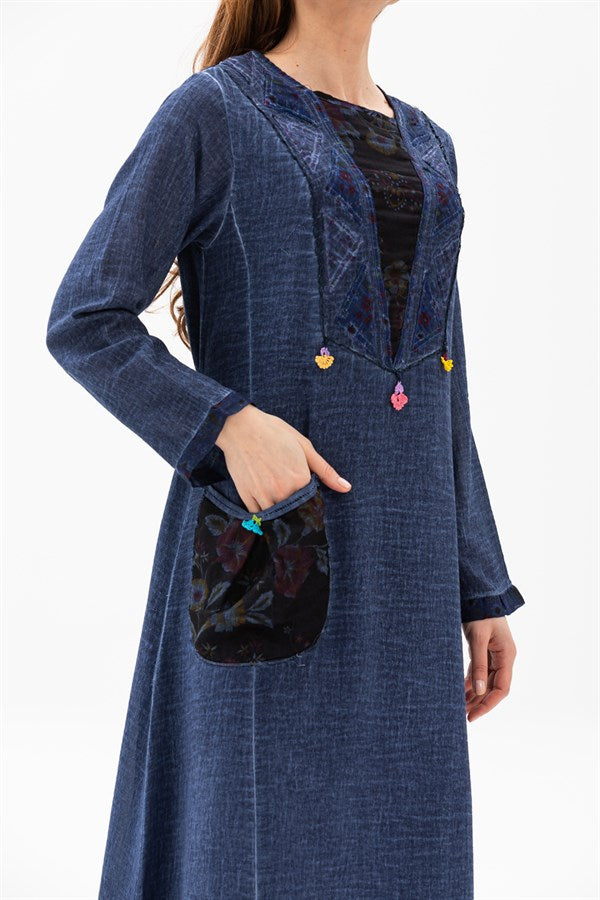 Women's Long Sleeves Indigo Midi Dress