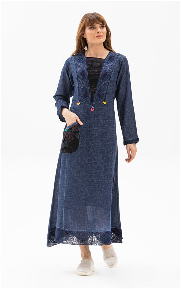 Women's Long Sleeves Indigo Midi Dress